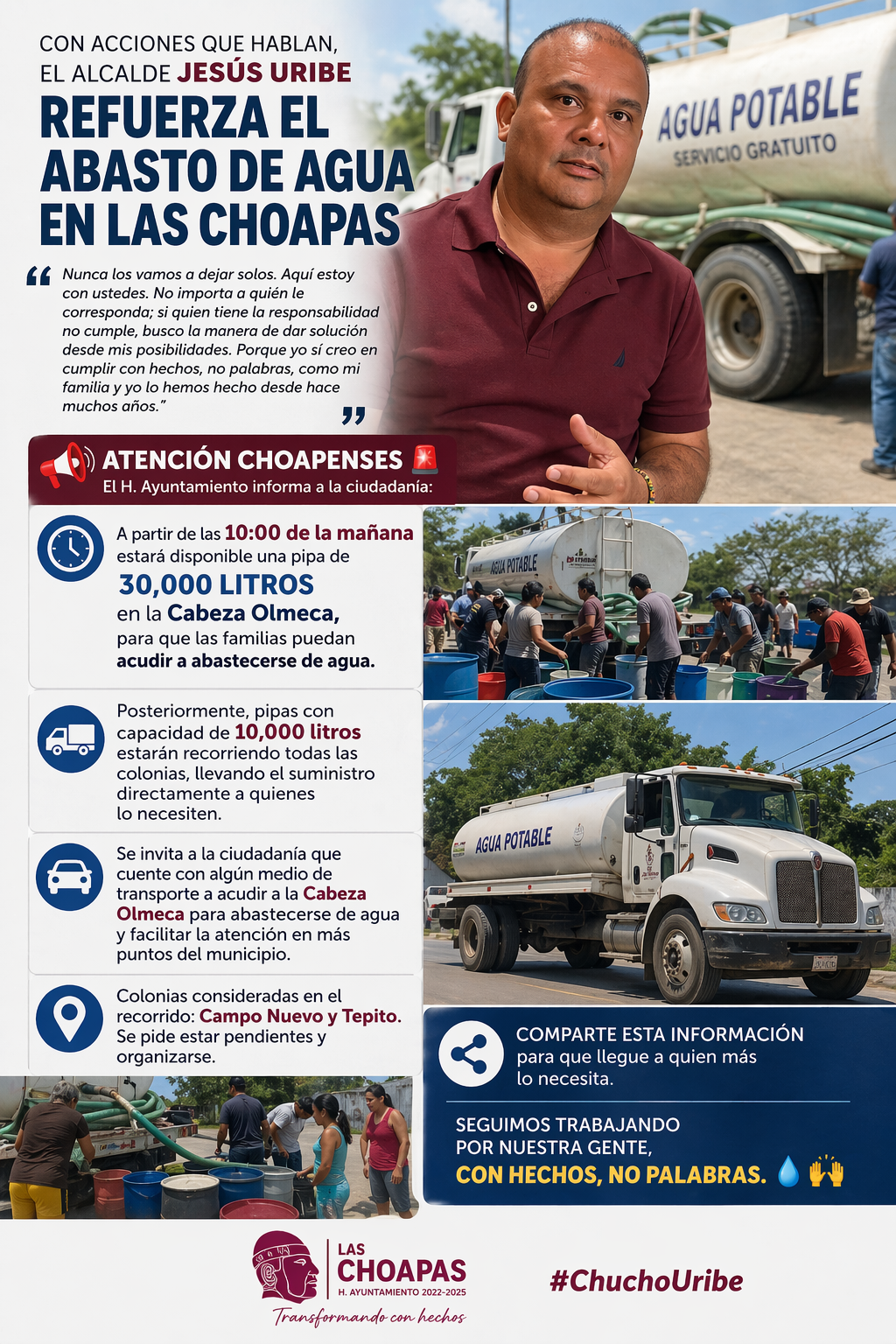 Con un enfoque humano, el alcalde Jesús Uribe refuerza el abasto de agua en Las Choapas